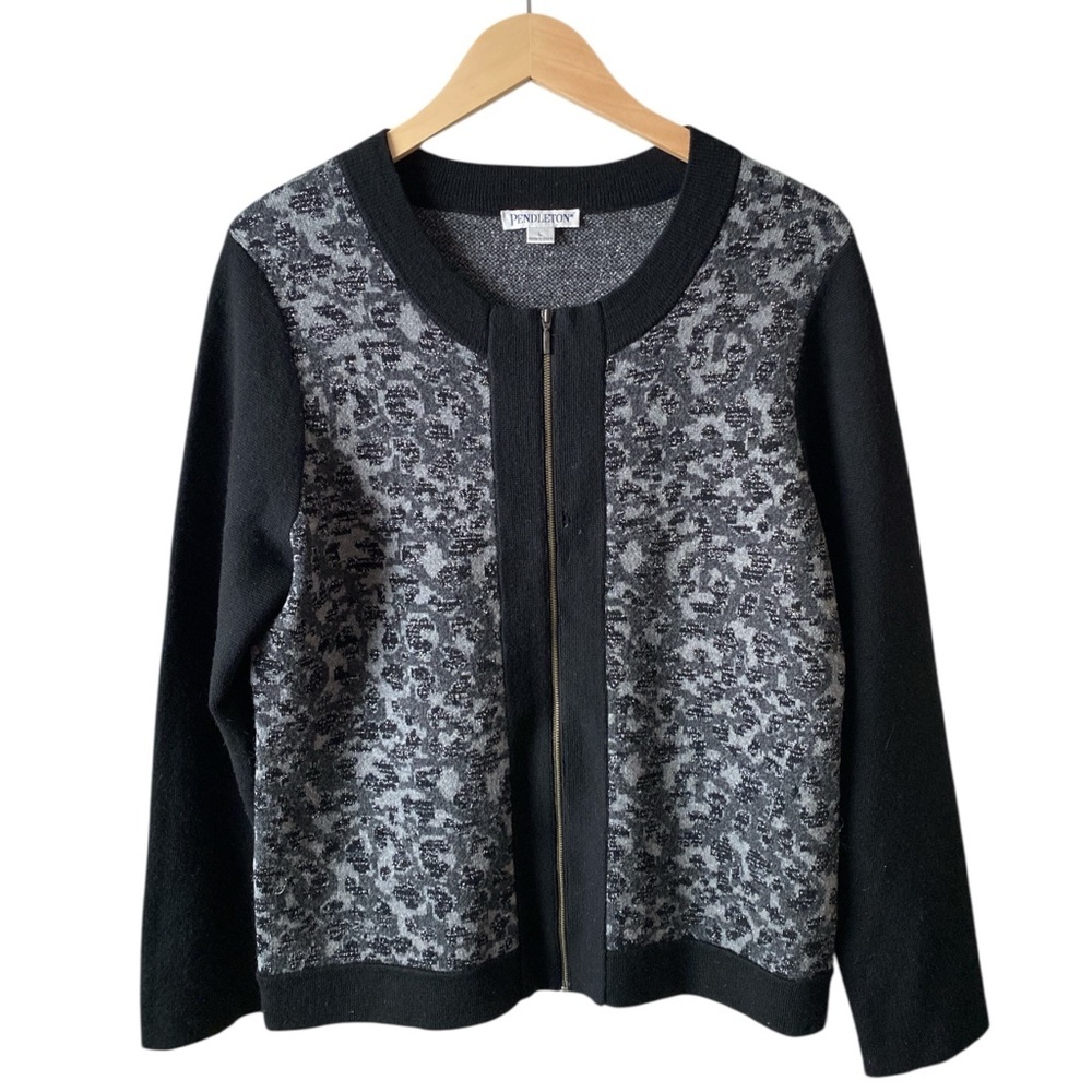 PENDLETON Women’s Merino Lamb Wool Blend Leopard Print Full Zip Cardigan Size L